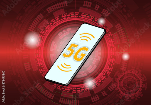 Realistic 3D smartphone illustration, with 5G on screen. On complex technology background. Vector Illustration.