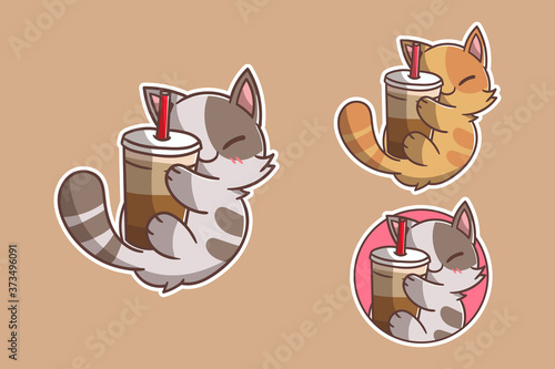 set of cute coffee cat mascot logo with optional appearance. premium kawaii vector
