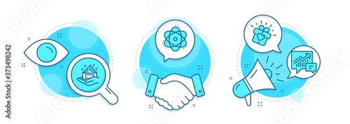 Love gift, Skin care and Atom line icons set. Handshake deal, research and promotion complex icons. Accounting sign. Heart present, Hand cream, Electron. Supply and demand. Vector