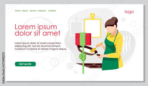 Woman blogger recording cooking video on kitchen. Food blog landing page, website, mobile app template. Online cooking class, culinary blog channel, live broadcasting flat vector illustration