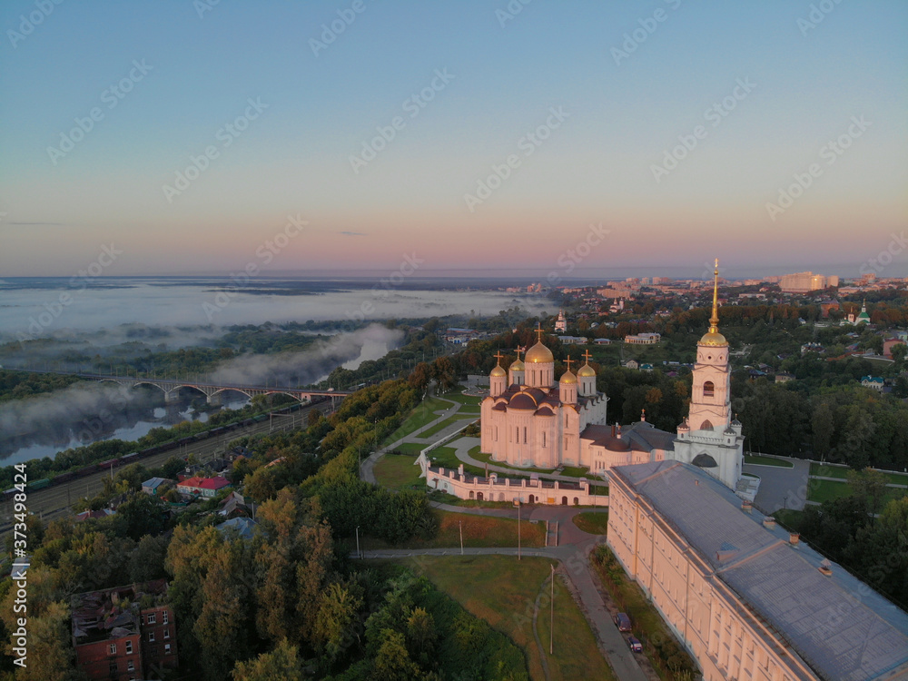 The Dormition Cathedral in Vladimir, Russia. Photographed on drone at dawn. UNESCO world heritage.