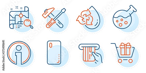 Smartphone cover, Hammer tool and Credit card signs. Recycle water, Search map and Shopping cart line icons set. Chemistry lab, Info symbols. Refill aqua, Find address. Technology set. Vector