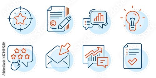 Idea, Ranking star and Approved checklist signs. Accounting, Copywriting and Open mail line icons set. Star target, Graph chart symbols. Supply and demand, Ð¡opyright signature. Vector