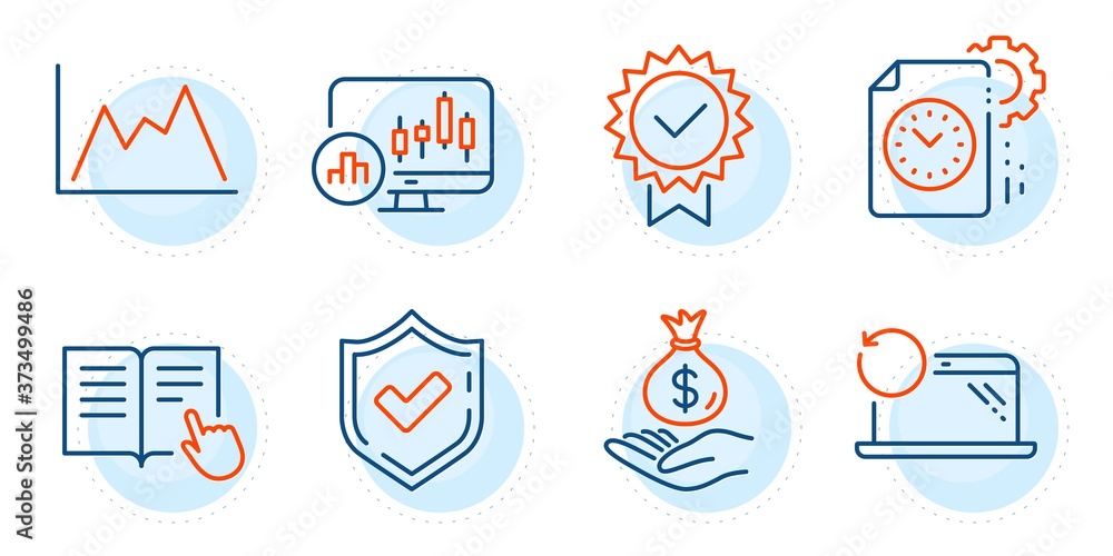 Income money, Certificate and Project deadline signs. Confirmed, Diagram and Candlestick chart line icons set. Read instruction, Recovery laptop symbols. Accepted message, Growth graph. Vector Income money, Certificate and Project deadline signs. Confirmed, Diagram and Candlestick chart line icons set. Read instruction, Recovery laptop symbols. Accepted message, Growth graph. Vector
