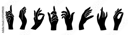 Set of woman hands in various gestures isolated on white background. Witchcraft esoteric magical mystical black open empty holding hands collection. Vector illustration in flat style