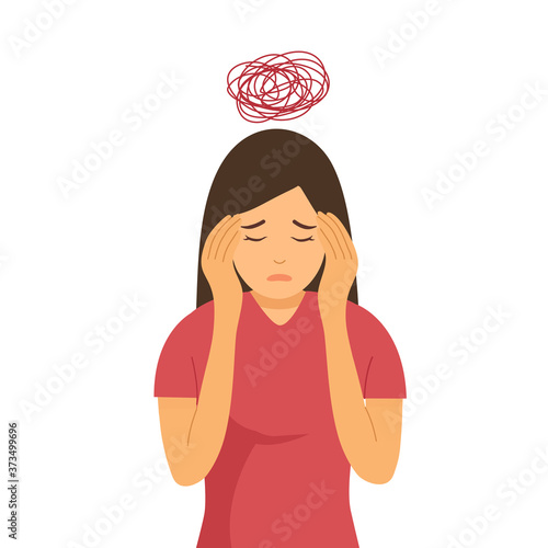 Young woman having headache and dizziness concept vector illustration on white background. Migraine health problem flat design.