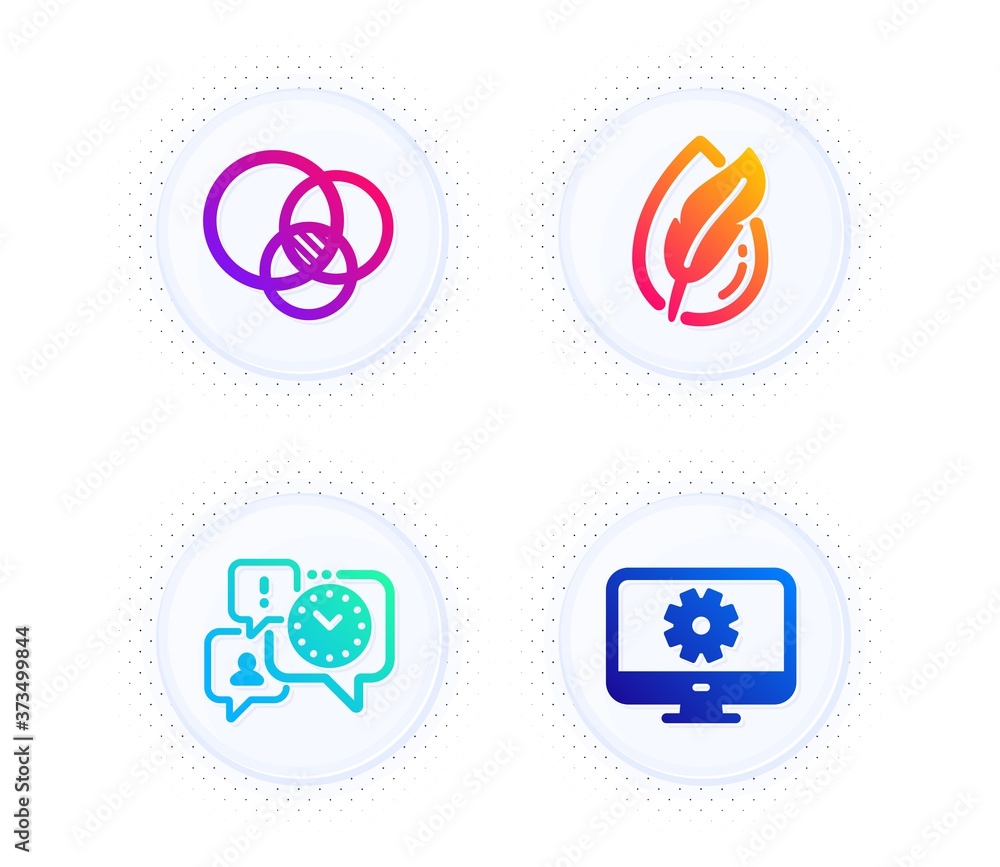 Euler diagram, Hypoallergenic tested and Time management icons simple set. Button with halftone dots. Monitor settings sign. Relationships chart, Feather, Office chat. Service cogwheel. Vector
