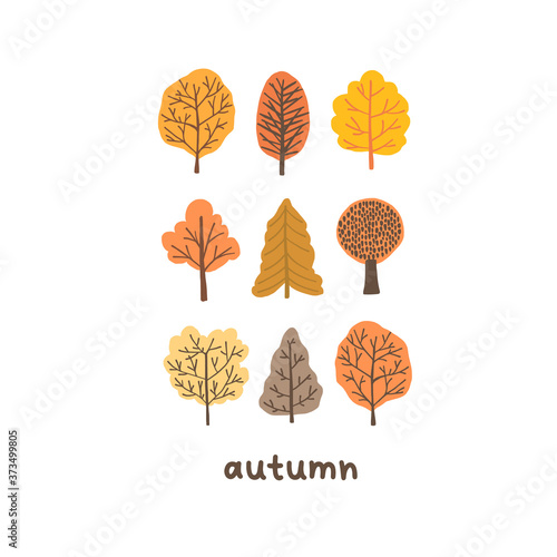 Autumn mood greeting card with tiny cute trees poster template. Welcome fall season thanksgiving invitation. Minimalist postcard nature web banner. Vector illustration in flat cartoon style