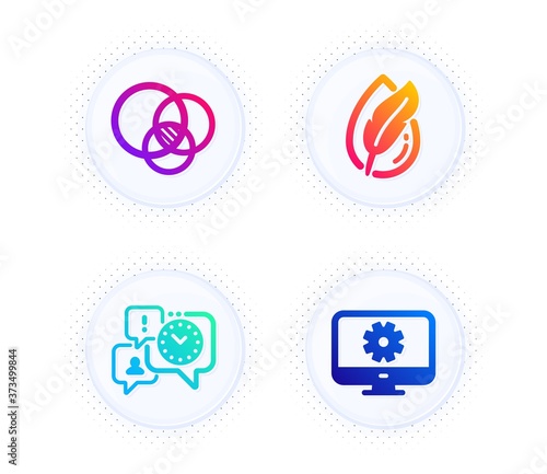 Euler diagram, Hypoallergenic tested and Time management icons simple set. Button with halftone dots. Monitor settings sign. Relationships chart, Feather, Office chat. Service cogwheel. Vector