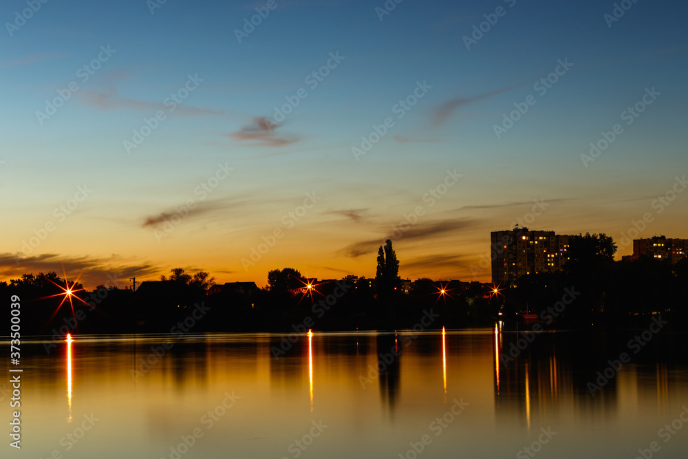 Ukraine, evening, beautiful sunset on the lake