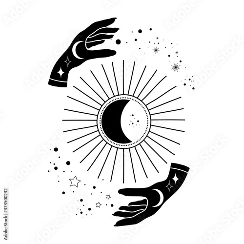 Alchemy esoteric mystical magic celestial talisman with hands sun, moon, stars sacred geometry isolated. Spiritual occultism object. Vector illustrations in black outline style