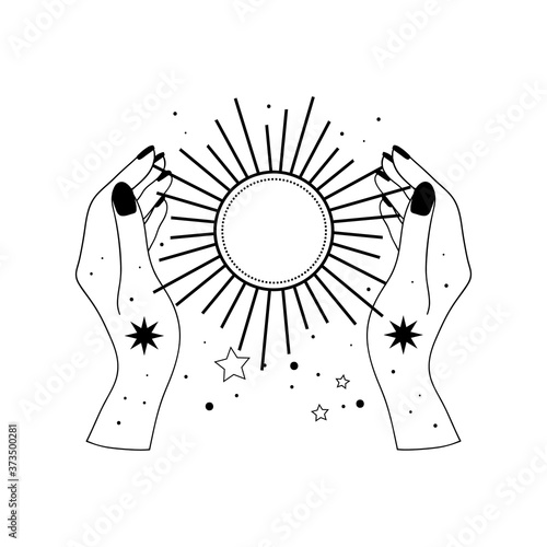 Alchemy esoteric mystical magic celestial talisman with hands sun, stars sacred geometry isolated. Spiritual occultism object. Vector illustrations in black outline style