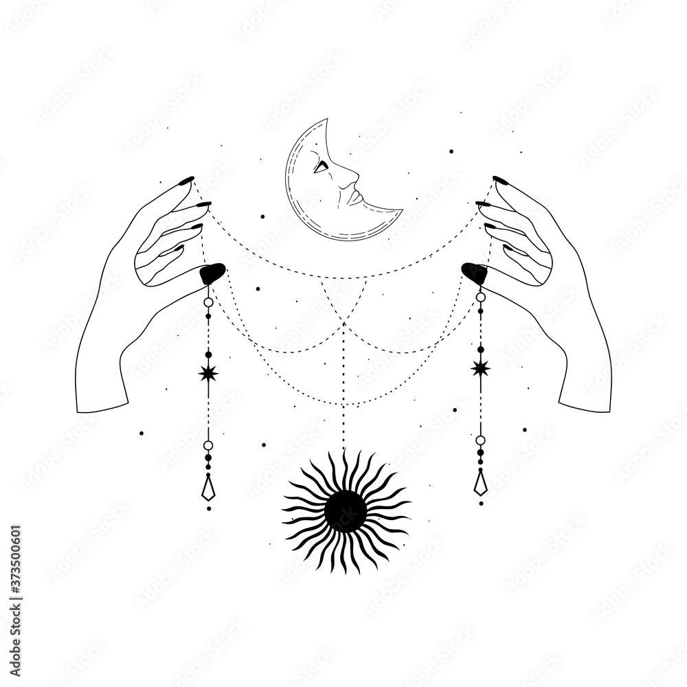 Alchemy esoteric mystical magic celestial talisman with woman hands, sun,  moon, stars sacred geometry isolated. Spiritual occultism object. Vector  illustrations in black outline style Stock-Vektorgrafik | Adobe Stock