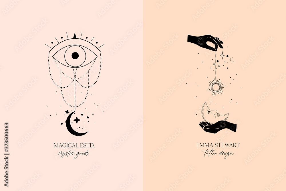 Premium Vector  Celestial spiritual alchemy esoteric mystical magic  talisman with woman hand, moon, stars sacred geometry tattoo logo template  occultism object. vector illustration line art black outline style
