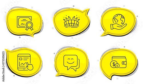 Smile face sign. Diploma certificate, save planet chat bubbles. Buying accessory, Internet report and Arena stadium line icons set. Wallet with coins, Web tutorial, Sport complex. Chat. Vector