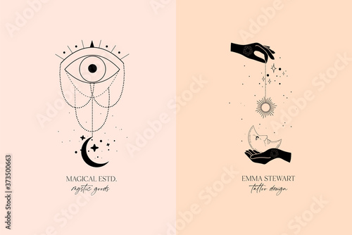 Alchemy esoteric mystical magic celestial talisman with woman hands, sun, moon, evil eye, stars sacred geometry isolated. Spiritual occultism object. Vector illustrations in black outline style