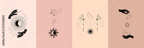 Set of alchemy esoteric mystical magic celestial talisman with woman hands, sun, moon, stars sacred geometry isolated. Spiritual occultism object. Vector illustrations in black outline style