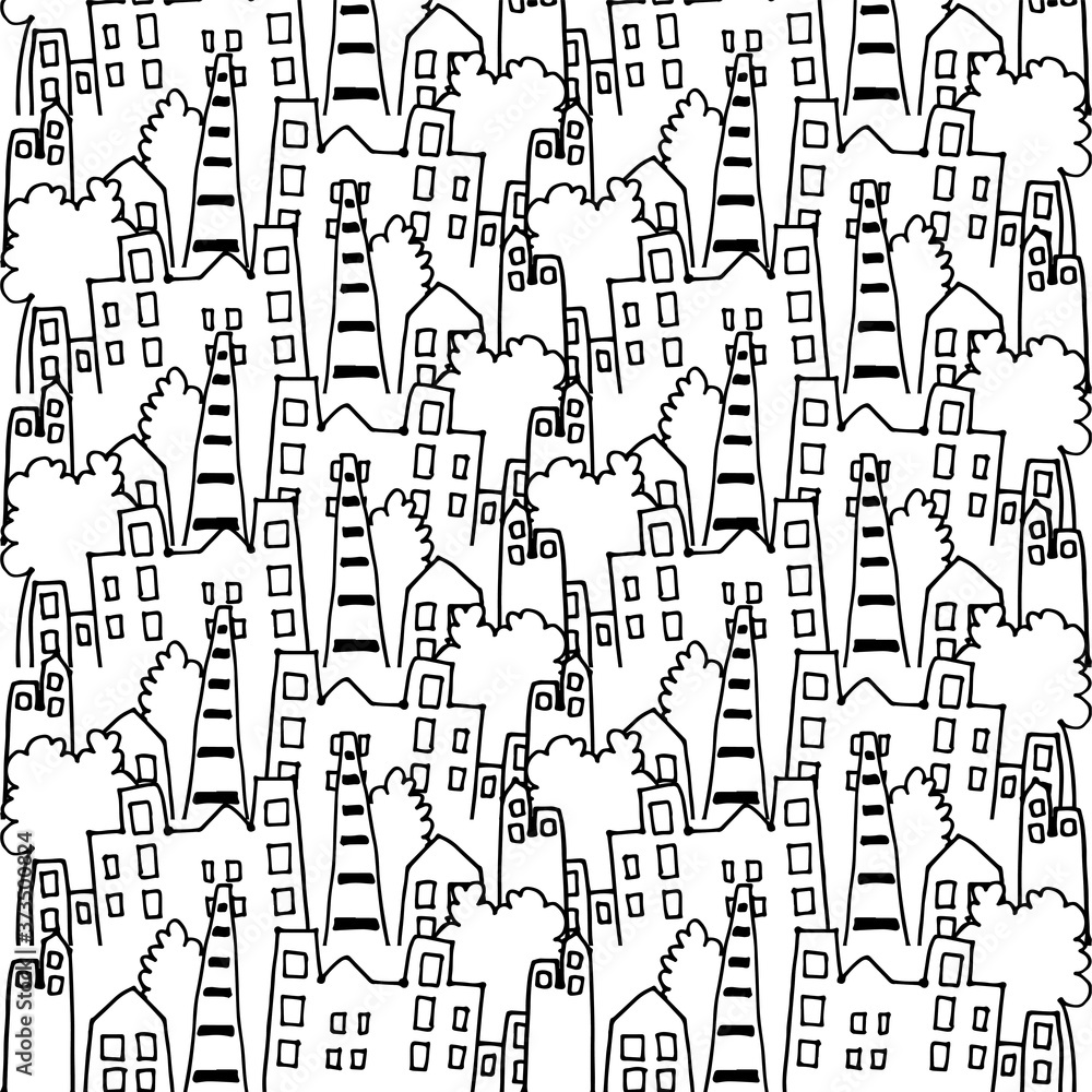 Seamless city sketch pattern background. Black and white doodle art, cartoon  style. Hand drawn vector. Modern scribble for kids, wallpaper, wrapping  paper and gift. Simple sketch, drawn with pen. Stock Vector |