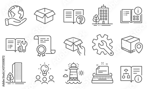Set of Industrial icons such as Hold box, Lighthouse, Typewriter. Diploma, ideas, save planet. Help, Engineering documentation, Technical algorithm. Vector