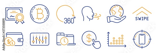 Set of Business icons, such as Smartphone target, Swipe up. Certificate, save planet. Time management, Dj controller, Buying accessory. Buy currency, Breathing exercise, Dot plot. Vector
