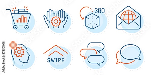 Employee hand, Swipe up and Augmented reality signs. Seo shopping, Messenger and Thoughts line icons set. Talk bubble, Web mail symbols. Analytics, Speech bubble. Technology set. Vector