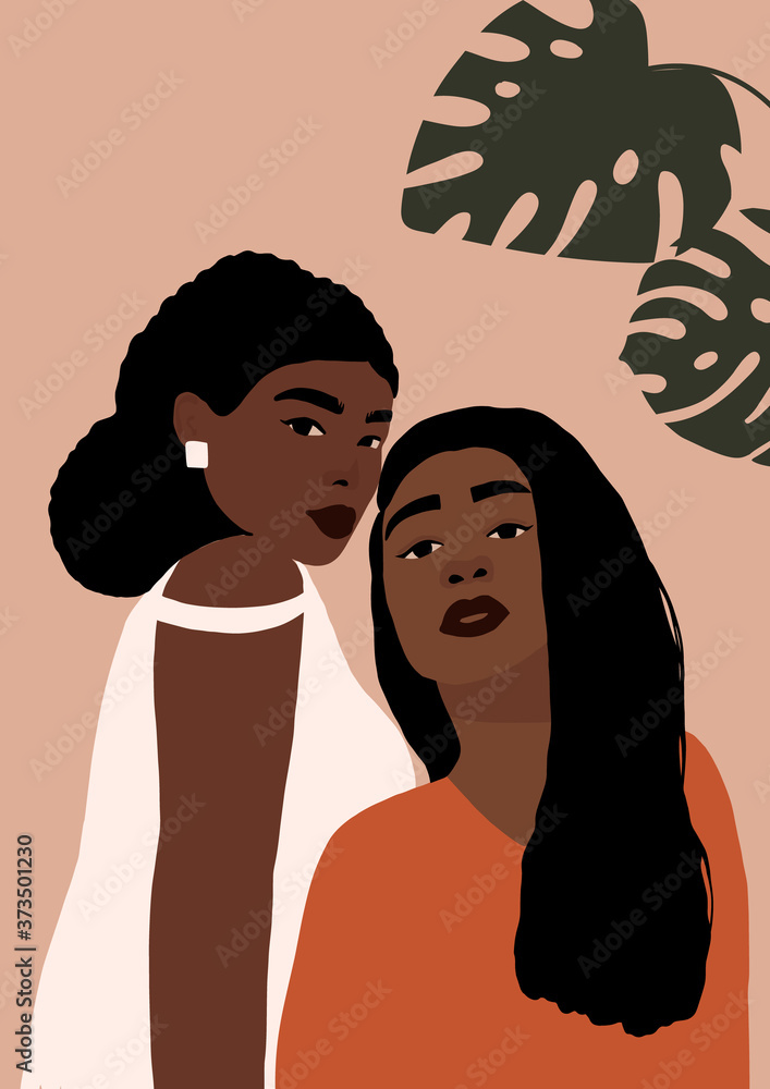 Modern young african american black woman portrait. Fashion minimal trendy female face with dark skin. Trendy minimal poster print. Vector hand drawn illustration