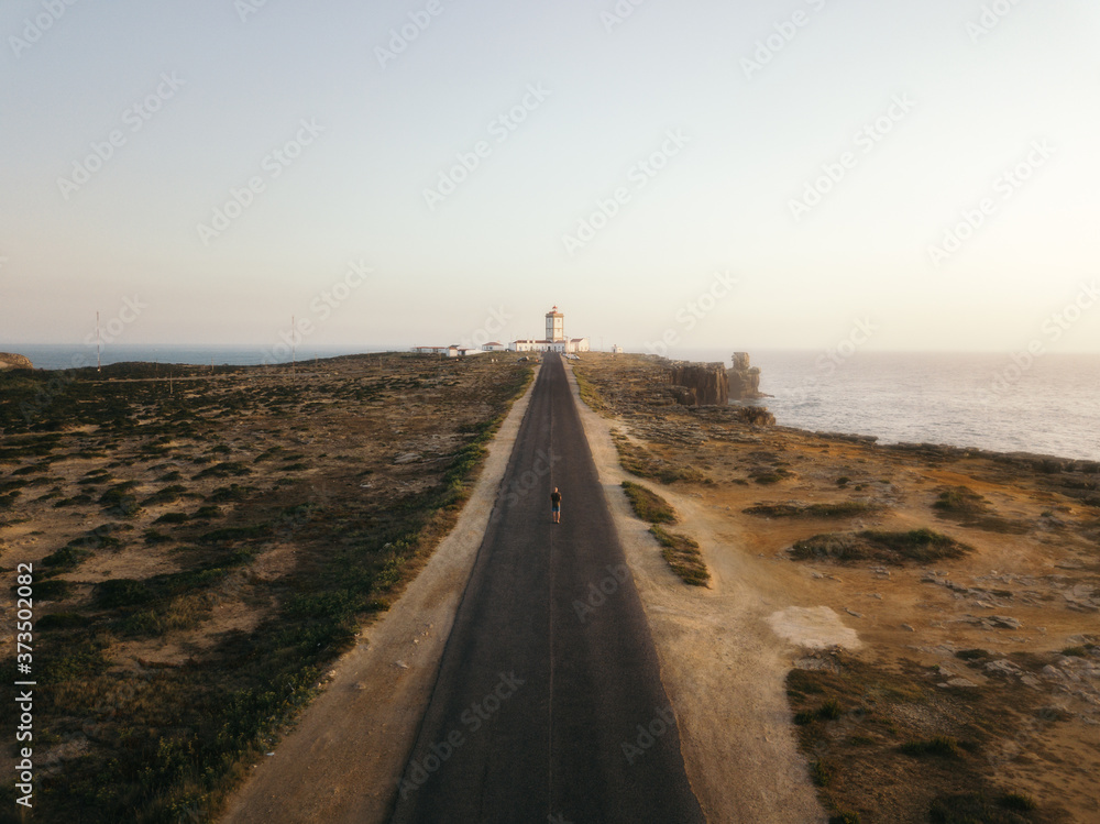 Panoramic view of a lighthouse at sunset in Peniche, Portugal