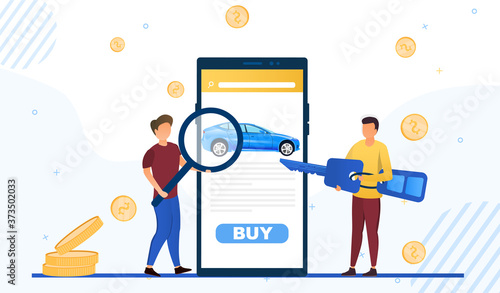 Mobile app for searching for a car to buy online showing the screen with one man holding a magnifying glass and man holding the key on either side, colored vector illustration