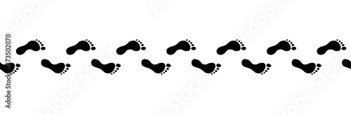 Flat linear design. Track of footprints from a human foot without shoes. Black and contour marks. Seamless path. Isolated vector elements.
