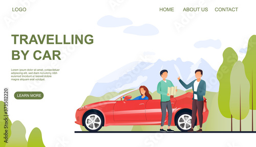 Web page template on travelling by car with a man asking a local person for directions in the countryside, colored vector illustration