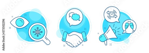 Champagne glasses, Logistics network and Messenger line icons set. Handshake deal, research and promotion complex icons. Timer sign. Chin-chin, International tracking, Speech bubble. Stopwatch. Vector