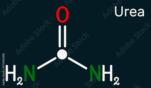 Urea, carbamide molecule. It is a nitrogenous compound containing a carbonyl group, is used as fertilizer, in cosmetics. Skeletal chemical formula. Dark blue background photo