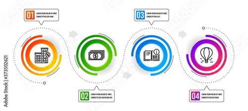 Payment, Instruction info and Loan house line icons set. Infographic timeline. Air balloon sign. Finance, Project, Discount percent. Flight travel. Business set. Vector