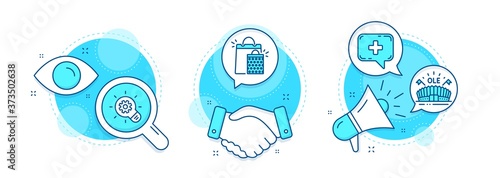Shopping bags, Sports arena and Cogwheel line icons set. Handshake deal, research and promotion complex icons. Medical chat sign. Sale marketing, Event stadium, Idea bulb. Medicine help. Vector