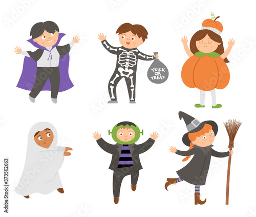 Set of cute vector Halloween characters. Children in scary costumes collection. Funny autumn all saints eve illustration with vampire, ghost, pumpkin, Frankenstein. Samhain dress party design. .