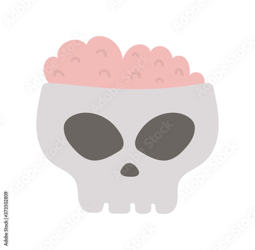 Vector skull with pink brain for trick or treat game. Scary skeleton clipart. Traditional Halloween party food. Monster shaped dessert isolated on white background. Autumn holiday design.