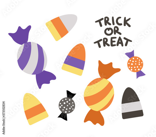 Set of vector sweets for trick or treat game. Traditional Halloween party food. Scary caramel candy collection. Stripy purple and orange desserts pack. Autumn holiday design.