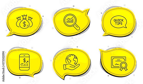 Mobile finance sign. Diploma certificate, save planet chat bubbles. Data analysis, Quickstart guide and Check investment line icons set. Magnifying glass, Helpful tricks, Business report. Vector