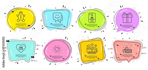 Heart, Gingerbread man and One love signs. Speech bubbles with quotes. Smile face, Present and Crane claw machine line icons set. Bus travel, Gift box symbols. Chat, Gift. Holidays set. Vector