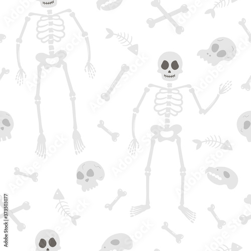 Seamless pattern with vector skeletons. Halloween party background with human and animal skulls and bones. Scary digital paper for Autumn Samhain party. All saints day elements texture..