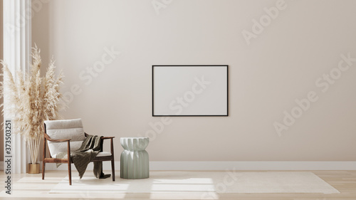 Fototapeta Naklejka Na Ścianę i Meble -  Blank picture frame on wall in minimalist modern living room interior background, living room mock up in scandinavian style, 3d rendering 