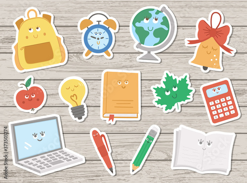 Back to school kawaii vector sticker pack on wooden background. Educational clipart set with cute flat style smiling objects.  Funny schoolbag, pencil, alarm, bell, apple illustration for kids..