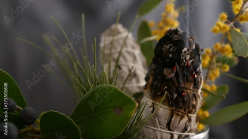 Dried white sage smudge stick, relaxation and aromatherapy. Smudging during psychic occult ceremony, herbal healing, yoga or aura cleaning. Essential incense for esoteric rituals and fortune telling. photo