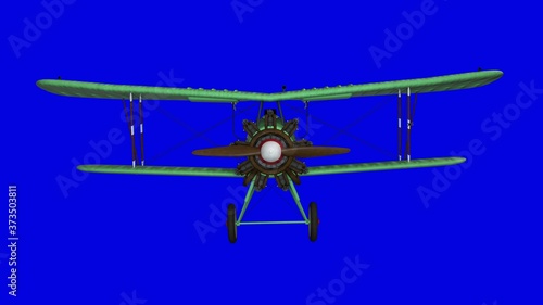 Fototapeta Naklejka Na Ścianę i Meble -  Old propeller biplane airplane. Front view. Blue screen background. 3d rendering