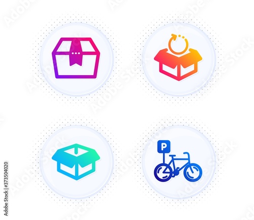 Package box, Return package and Opened box icons simple set. Button with halftone dots. Bicycle parking sign. Delivery goods, Exchange goods, Shipping parcel. Bike park. Transportation set. Vector