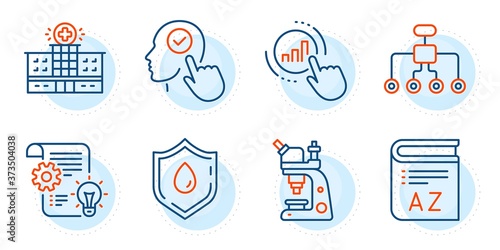 Microscope, Hospital building and Select user signs. Graph chart, Blood donation and Vocabulary line icons set. Restructuring, Cogwheel symbols. Get report, Medicine analyze. Science set. Vector