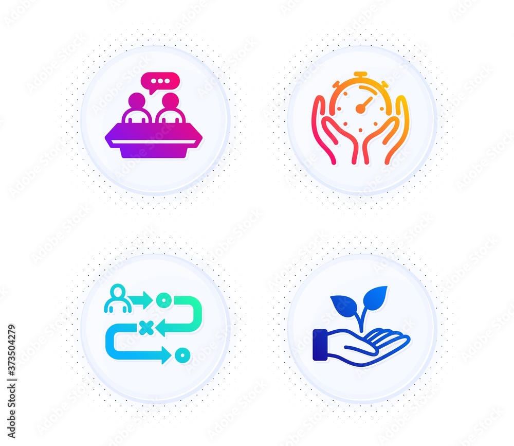 Journey path, Timer and Employees talk icons simple set. Button with halftone dots. Helping hand sign. Project process, Deadline management, Collaboration. Startup palm. People set. Vector Journey path, Timer and Employees talk icons simple set. Button with halftone dots. Helping hand sign. Project process, Deadline management, Collaboration. Startup palm. People set. Vector