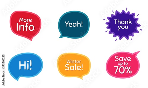 Winter sale, 70% discount and more info. Colorful chat bubbles. Thank you phrase. Sale shopping text. Chat messages with phrases. Texting thought bubbles. Vector