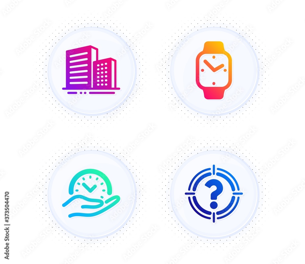 Buildings, Smartwatch and Safe time icons simple set. Button with halftone dots. Headhunter sign. City architecture, Digital time, Management. Aim with question mark. Business set. Vector Buildings, Smartwatch and Safe time icons simple set. Button with halftone dots. Headhunter sign. City architecture, Digital time, Management. Aim with question mark. Business set. Vector