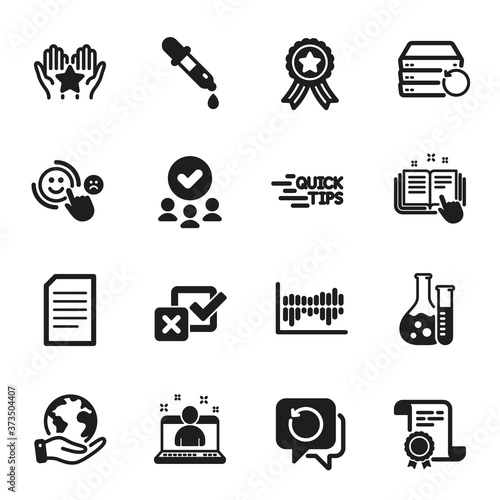 Set of Education icons, such as Chemistry pipette, Recovery server. Certificate, approved group, save planet. Recovery data, Best manager, Document. Education, Ranking, Checkbox. Vector